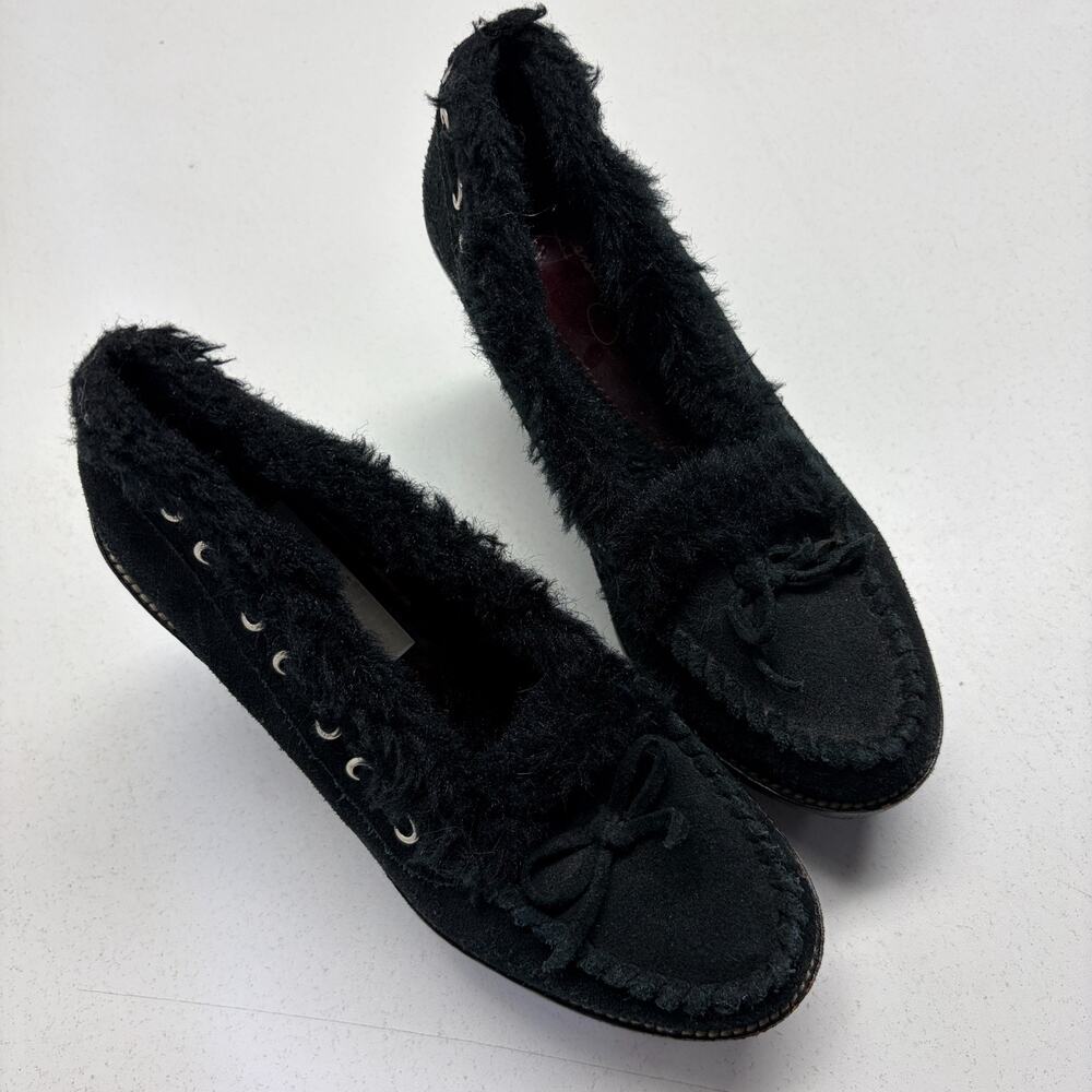 Jessica Simpson Black Suede Faux Fur Platform Wedge Shoes Womenโs 7.5
